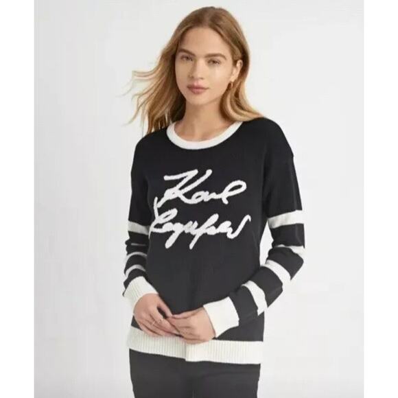 Karl Lagerfeld Signature Logo Striped Pullover Long Sleeve Sweater Sz Small - Picture 2 of 7